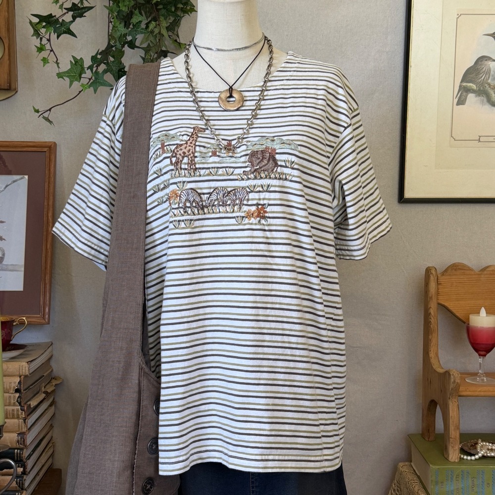 Green Brown Striped Cotton T-Shirt Embroidered Safari L Indie Grunge Grandma 90s